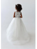 Cap Sleeves Beaded Ivory Lace Tulle Illusion Pearl Buttons Back Flower Girl Dress